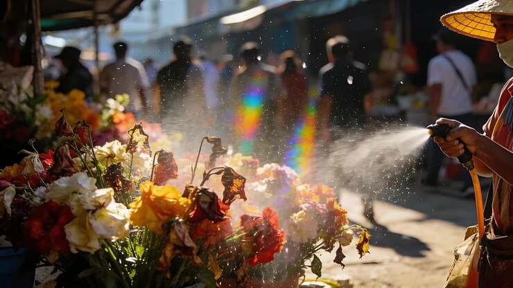 Un venditore con un cappello di paglia, portando una canna, nebulizza i fiori in un mercato soleggiato per mantenerli freschi.