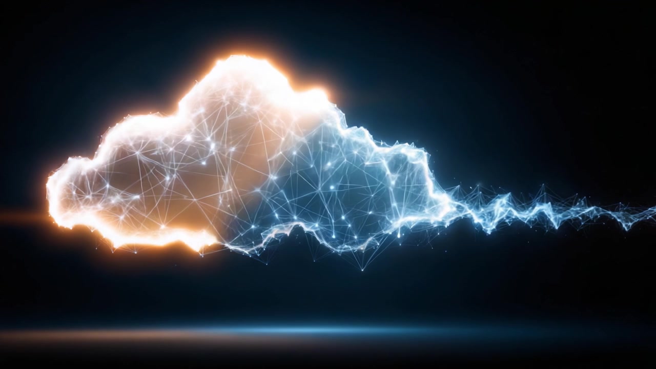 A Stunning Visualization of a Futuristic Cloud Concept Made of Light and Connections, Representing Data Storage and Digital Innovation in a Modern Environment
