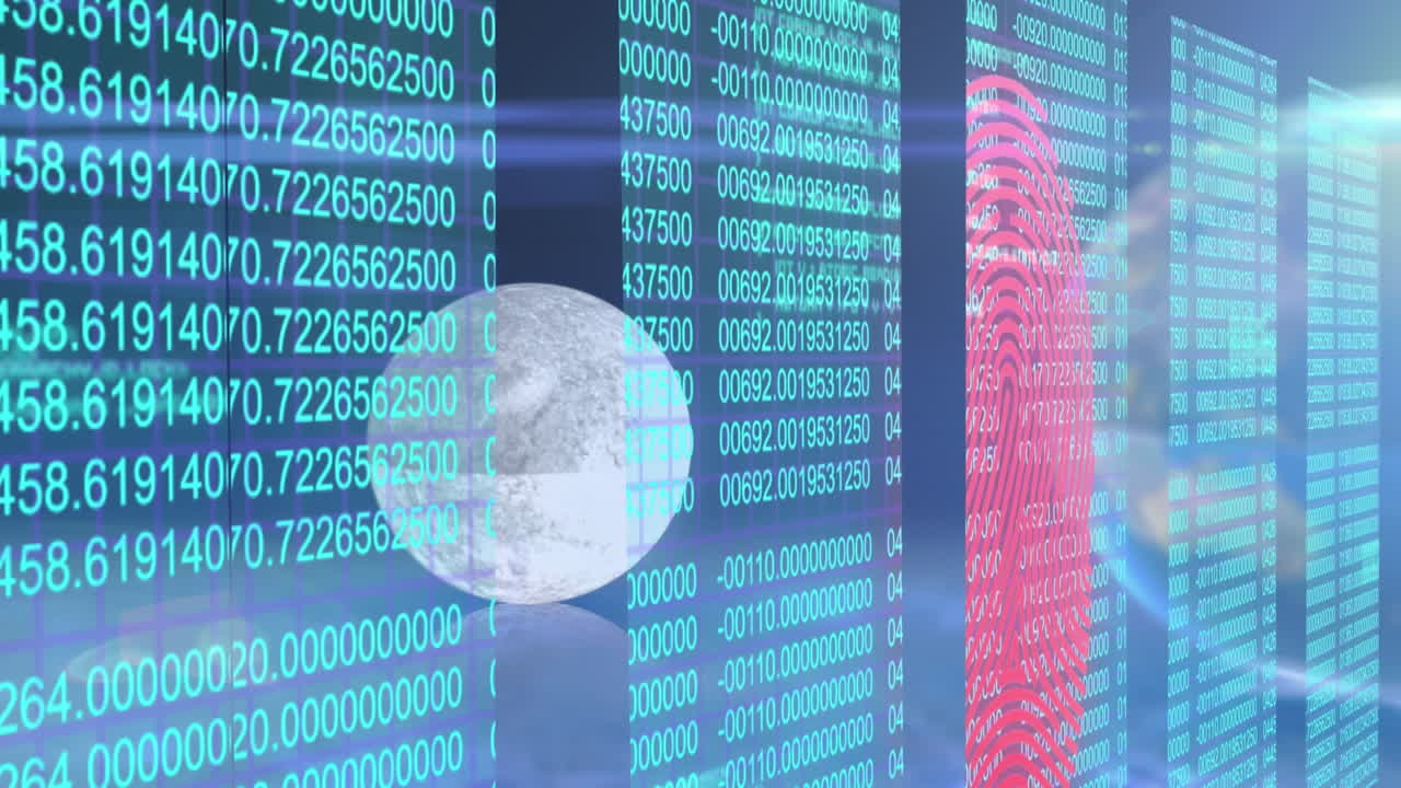 우주에서 지구, 달, 태양과 함께 움직이는 숫자와 지문의 애니메이션