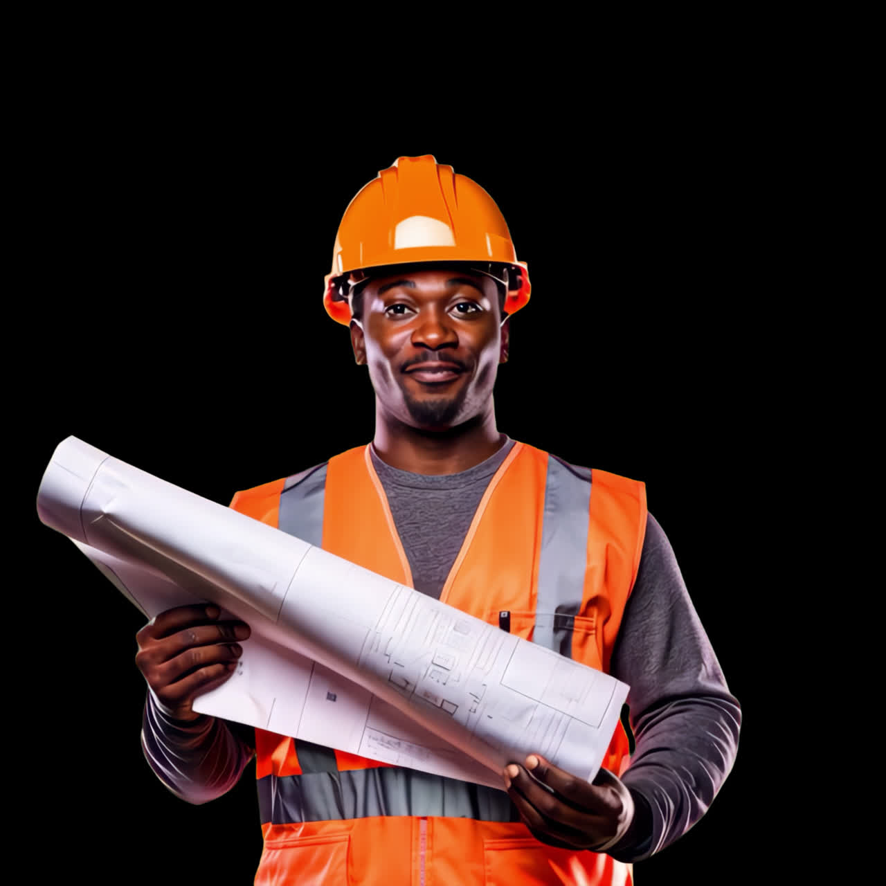 Smiling construction worker holding blueprint animation isolated asset, transparent 4K video, alpha