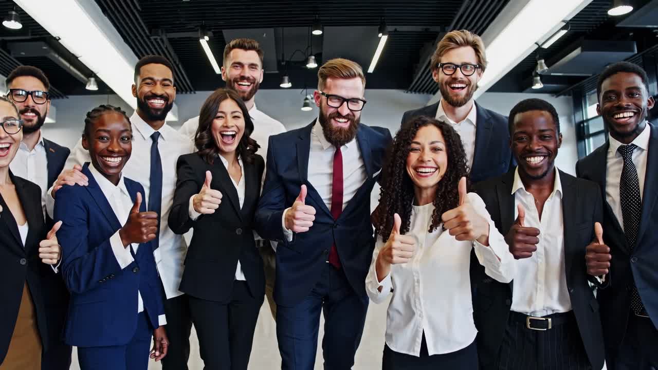Group of diverse professionals in business attire giving thumbs up, captured from a low-angle