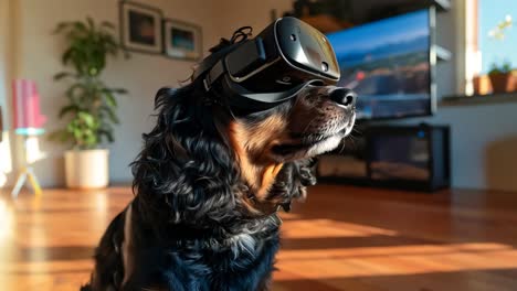 a dog wearing a virtual reality headset sitting on the floor