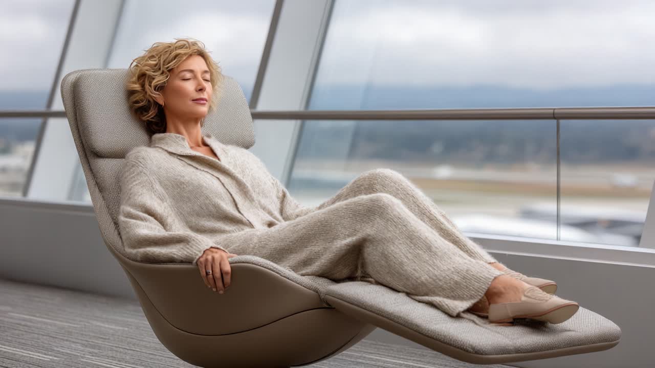 A Serene Moment Captured: A Relaxed Individual Enjoying Comfort in a Modern Lounge Chair with Scenic Views Outside