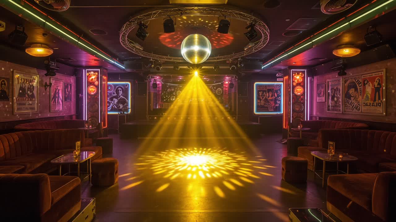 Vibrant Dance Floor Illuminated by a Disco Ball with Colorful Lights and Retro Decor in a Contemporary Nightclub Atmosphere