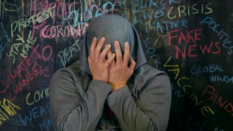 hombre solitario deprimido contra una pared con palabras de miedo, el año del virus de la corona y el desastre