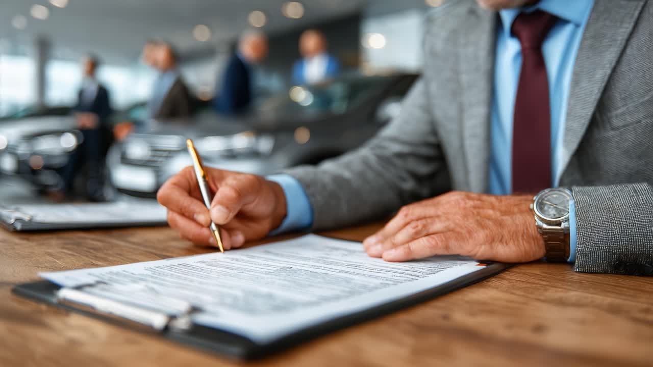 Un professionista firma un documento importante: catturare l'essenza delle transazioni commerciali in un moderno ambiente automobilistico.