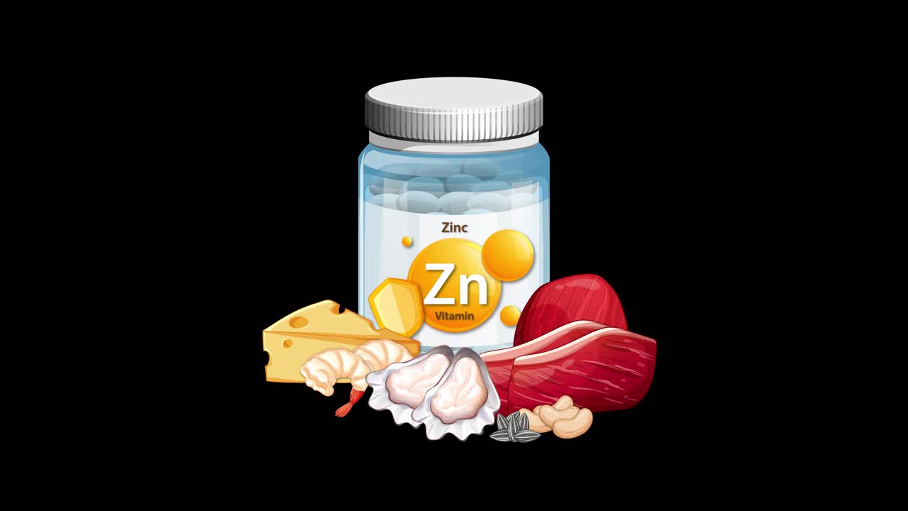 Zinc supplement bottle gradually surrounded by cheese, meat, garlic, and nuts on black background