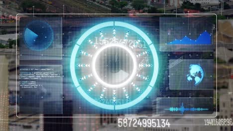 animation of data processing on digital screen over modern buildings