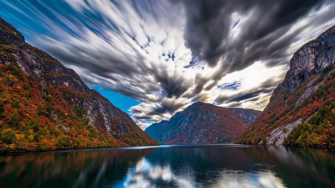 Autumn Fjord Landscape with Dramatic Sky