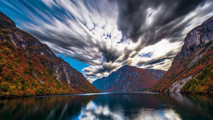 Paesaggio di fiordo autunnale con cielo drammatico