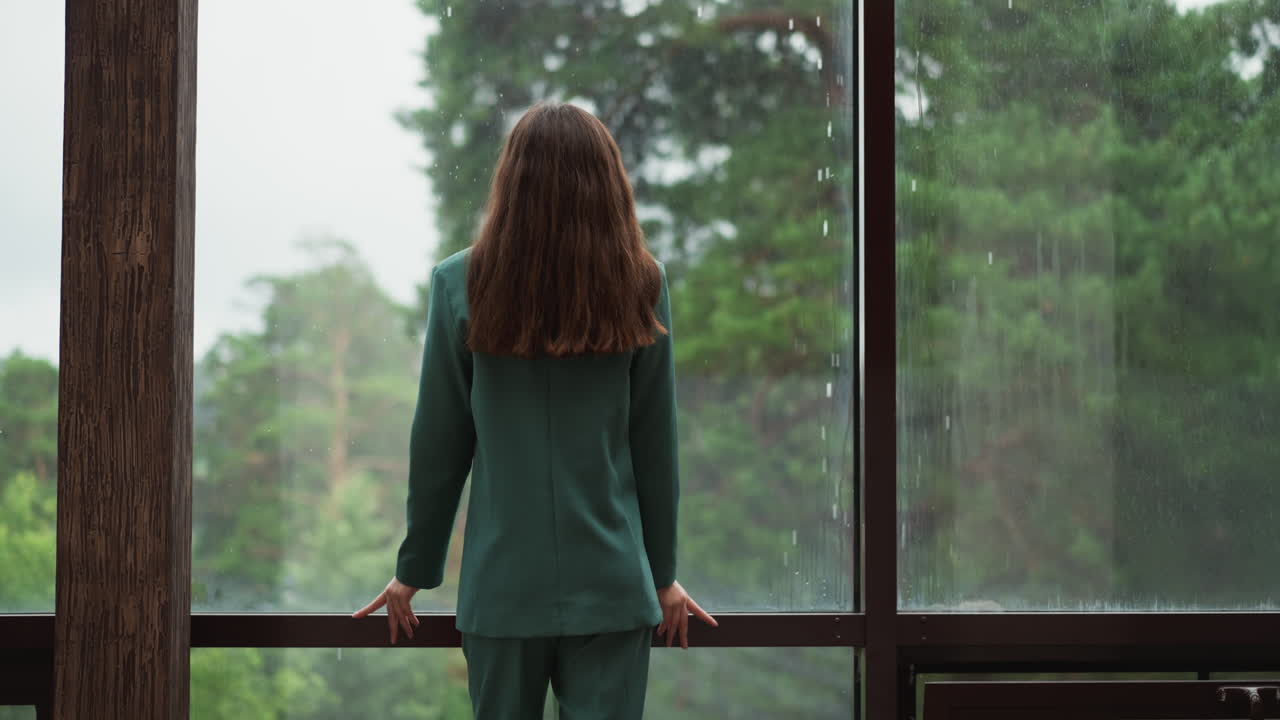 슬픈 회사 직원은 창문 뒤에서 비를 쳐다보고, 여성 최고 관리자는 사무실에서 회사의 성장에 대한 잃어버린 기회에 대해 생각하고, 우울증 장애를 가진 여성.