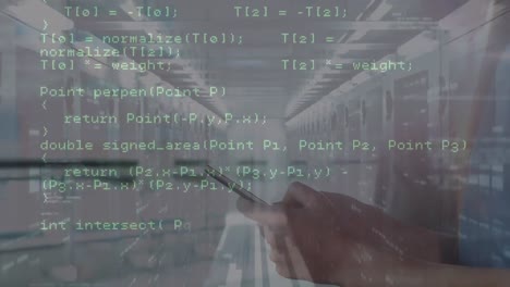 Animation-of-data-processing-over-caucasian-woman-using-smartphone-against-computer-server-room
