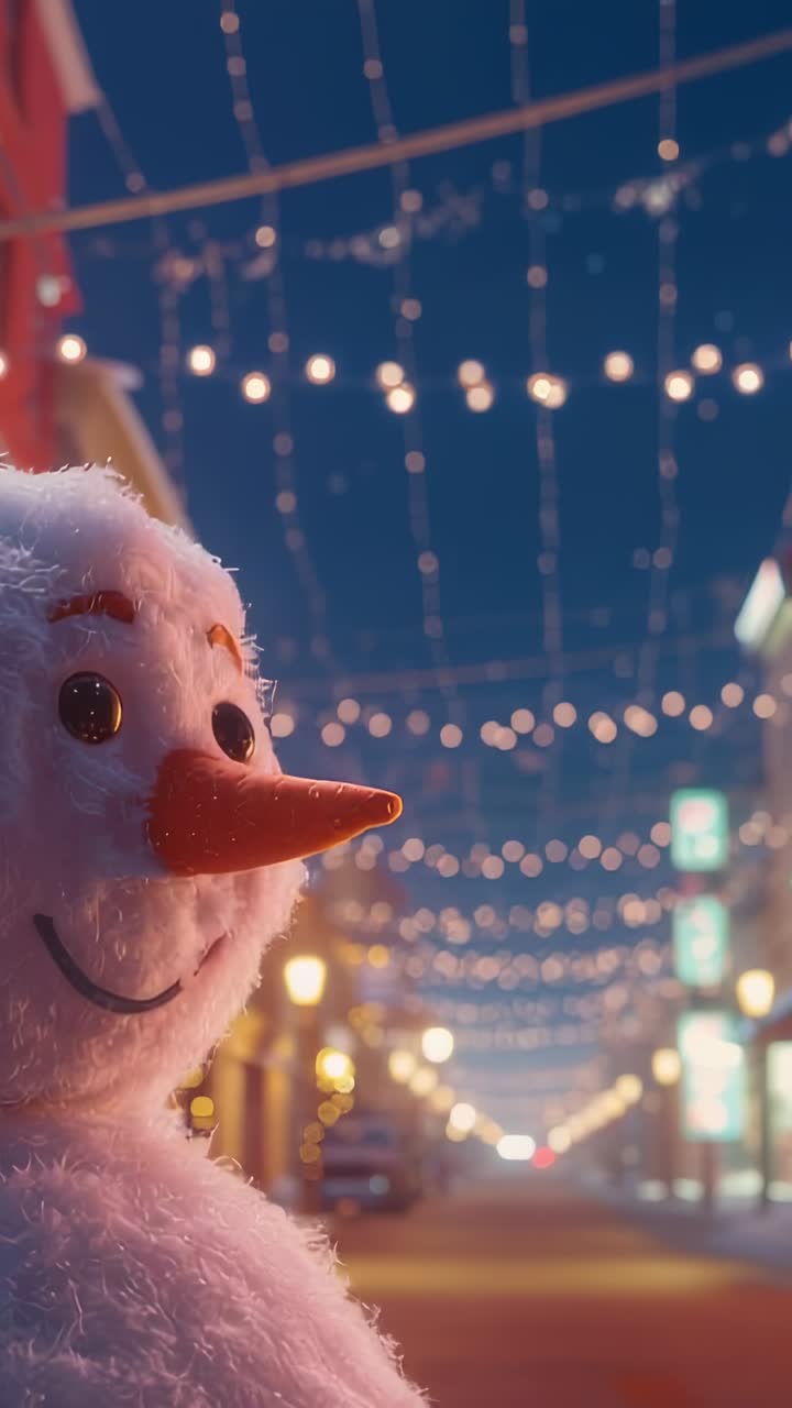 Vertical video: Panning camera on timer revealing snowman on string-lit street for festive glow