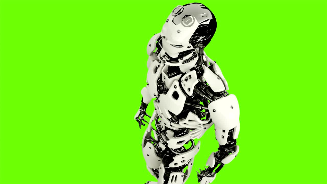 Robot android is presses the button. Realistic looped motion on green screen background. 4K