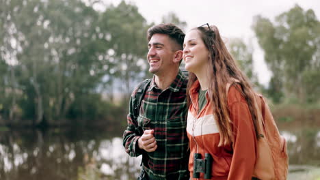 hiking view, couple and hug on adventure by a lake