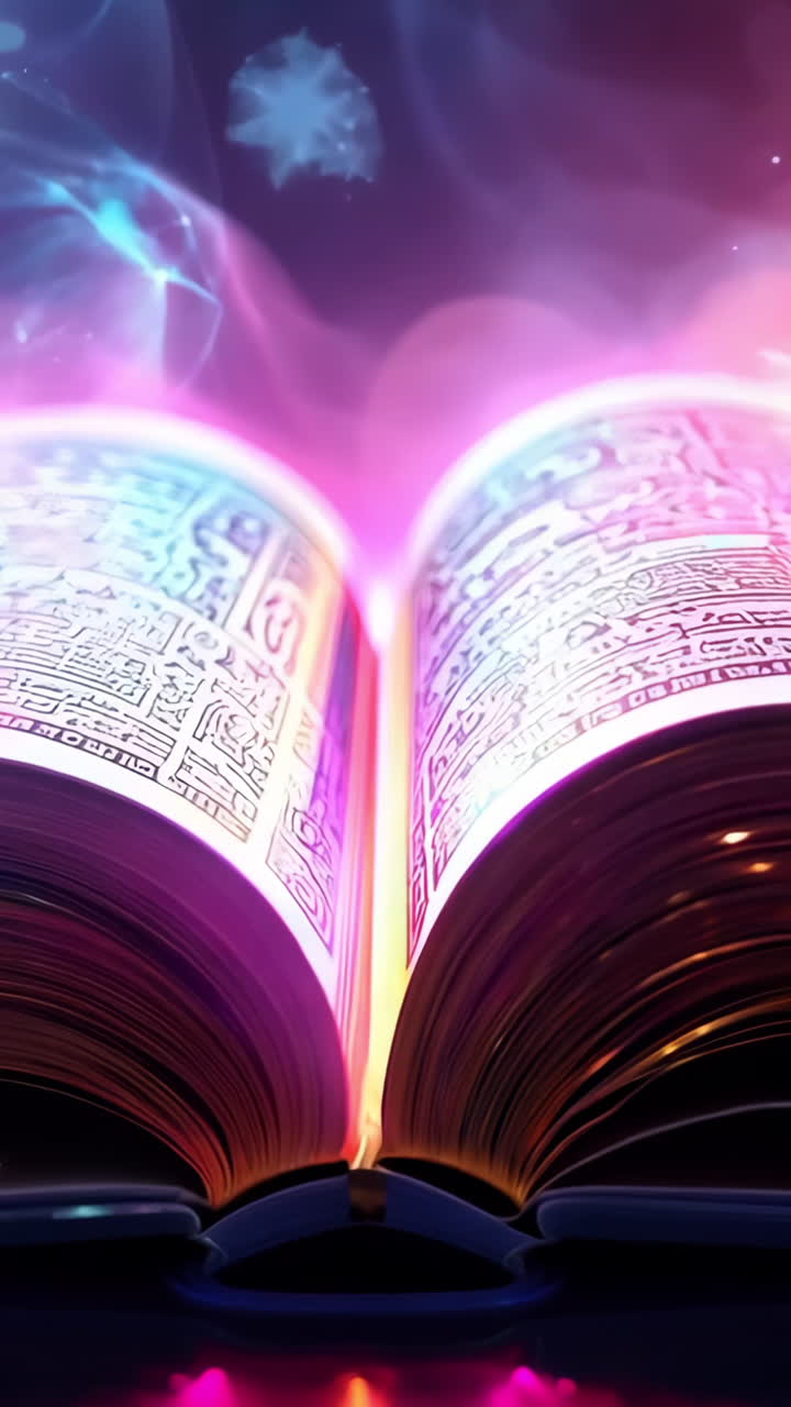 A book is open to a page with a glowing blue light. The book is on a table with a blue background