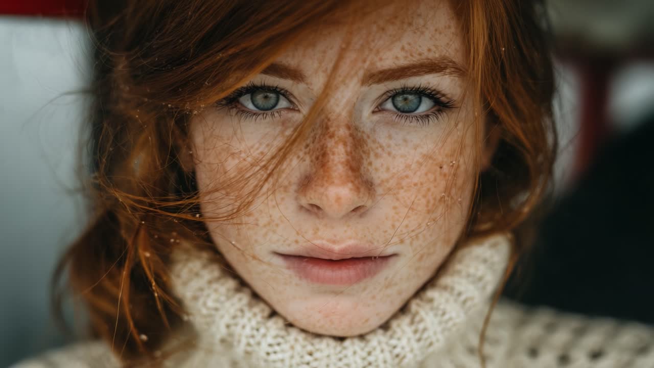 Captivating Portrait of a Freckled Redhead: Stunning Close-up with Natural Beauty and Textured Knitwear, Showcasing Emotion and Depth in a Mysterious Setting
