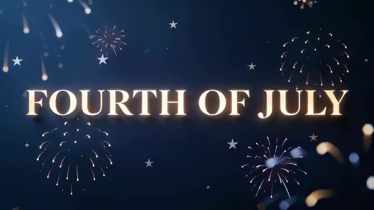 Pulsing centered gold FOURTH OF JULY text glowing in navy sky with fireworks igniting for holiday