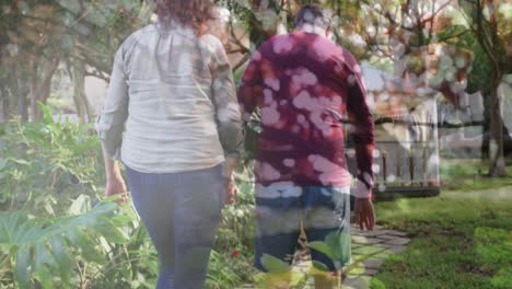 video compuesto de árboles altos contra la vista trasera de una pareja de ancianos caucásicos caminando en el jardín