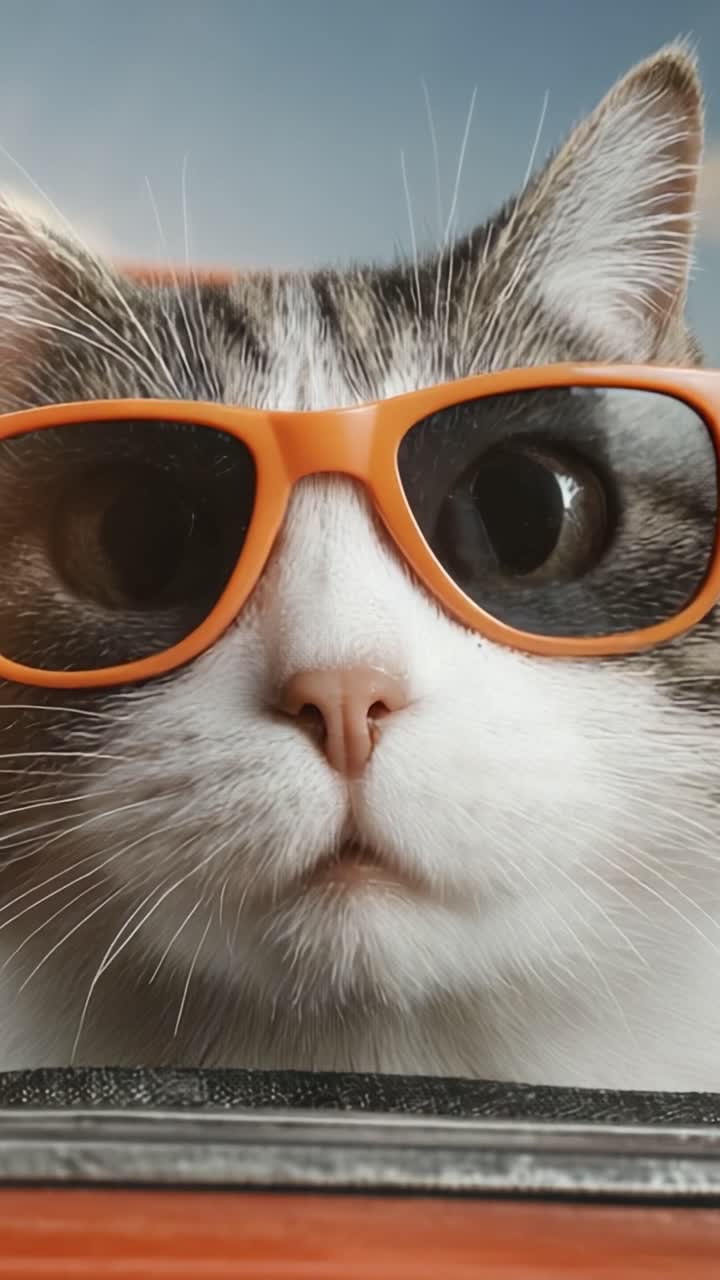 Kucing yang Menggemaskan Mengenakan Kacamata Hitam Oranye Bergaya, Menangkap Esensi Mode dan Kegembiraan Kucing dalam Potret Jarak Dekat yang Menggemaskan Ini
