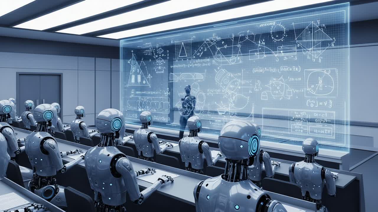 A futuristic classroom setting where humanoid robots engage in a lesson, exploring advanced mathematical concepts presented on a high-tech digital screen