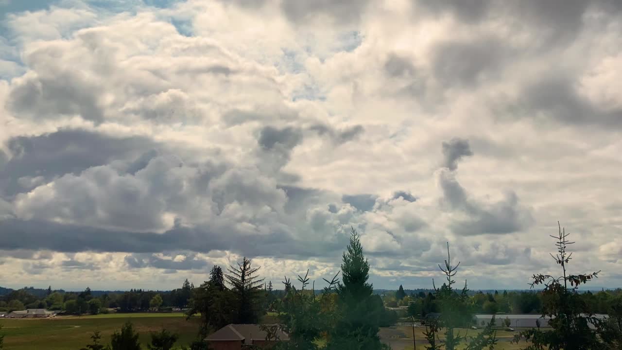 Timelapse of dynamic clouds moving over rural land with pine trees