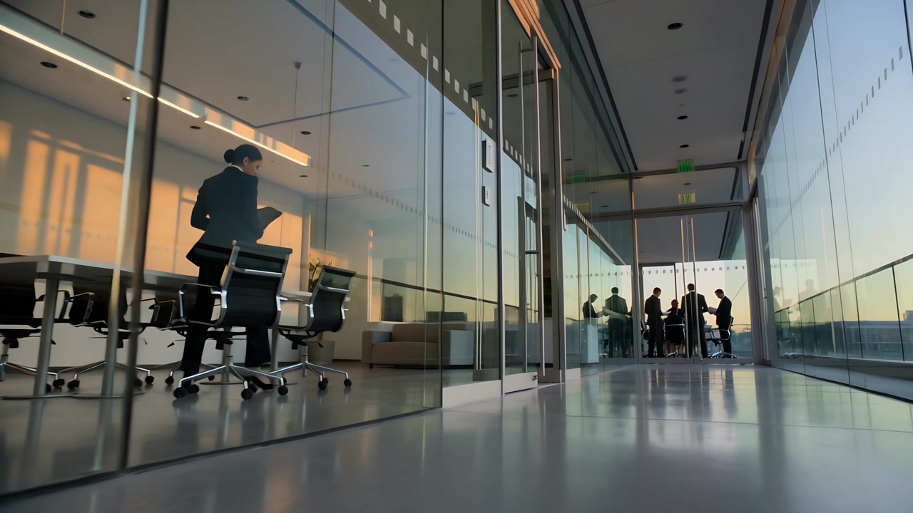 Rising employee in suit gesturing at glass table in office, walking to join colleagues, copy space
