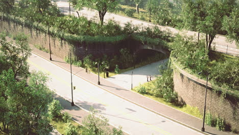lush greenery surrounds hidden archway in urban park setting