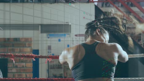 animation of data processing over caucasian woman boxing at gym