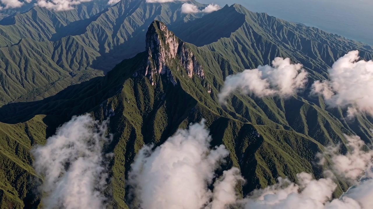 Vista Aérea de Pico de Montanha Verdejante Acima das Nuvens