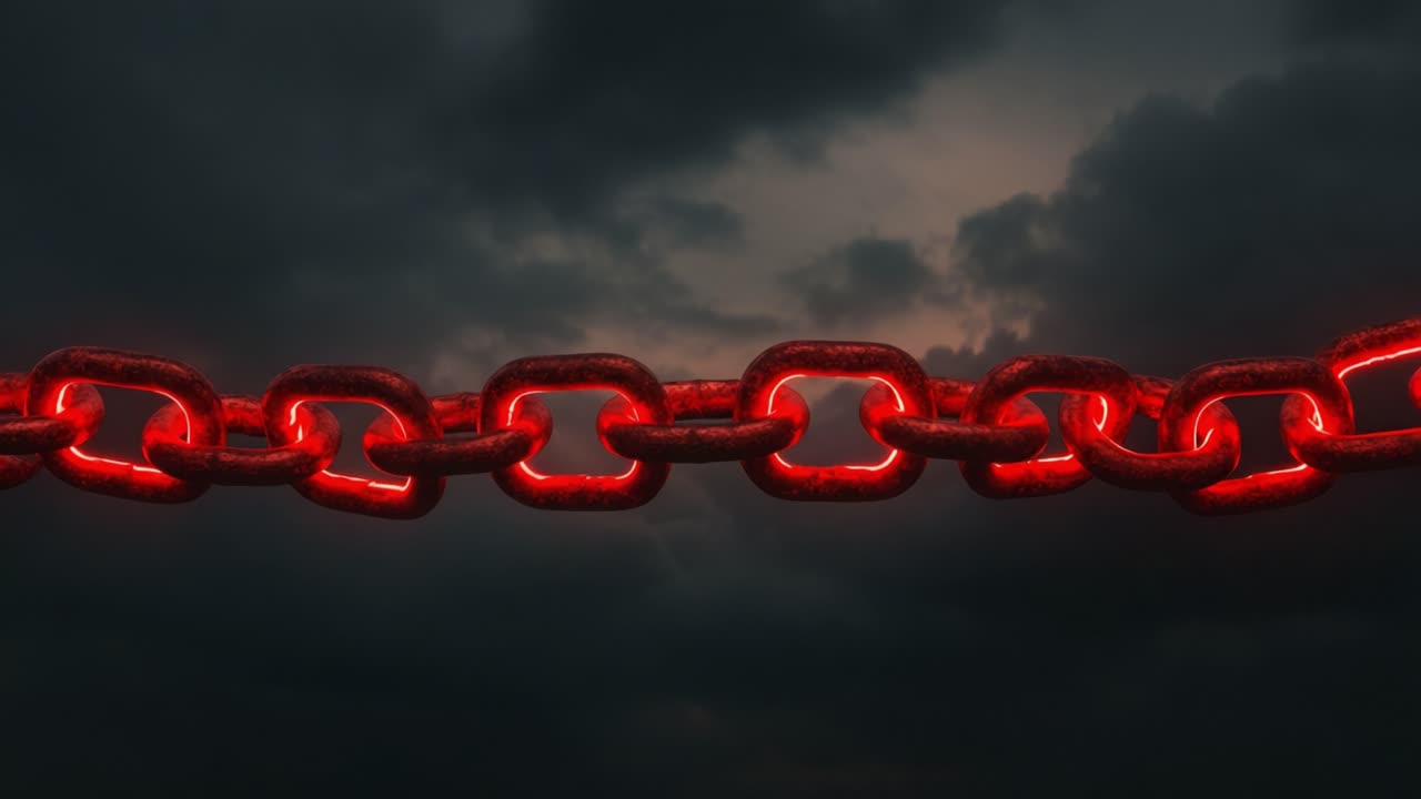 A striking visual representation of a glowing red chain against a moody stormy sky, evoking themes of strength, connection, and resilience amidst turbulent conditions.