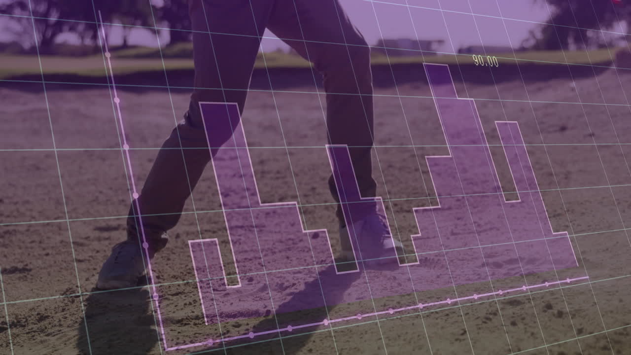 Person walking on dirt path with digital graph overlay animation