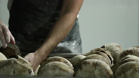 baker arranging freshly baked sourdough bread loaves on the rack - slow motion