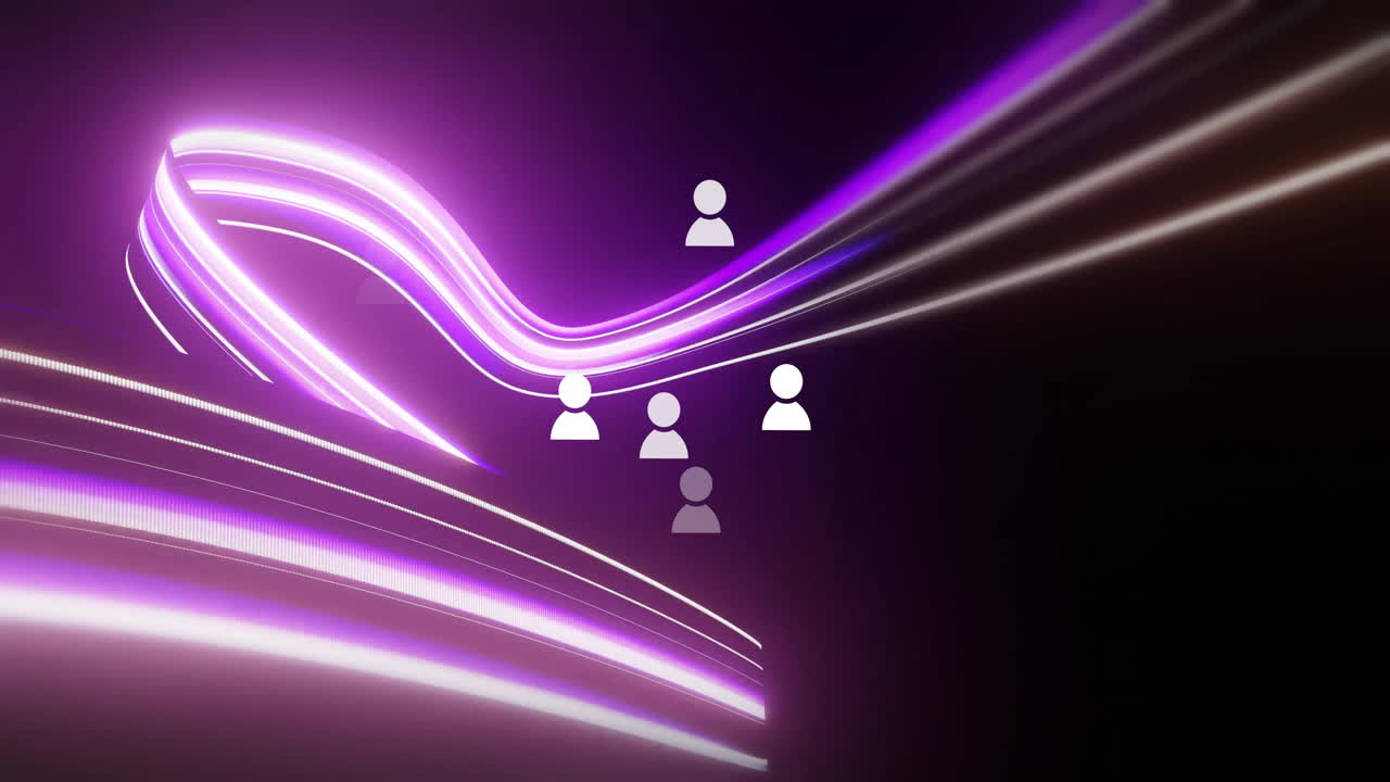 User silhouette icons moving along neon light trails in dark abstract animated illustration