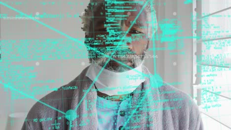 animation of data processing over african american man wearing face mask