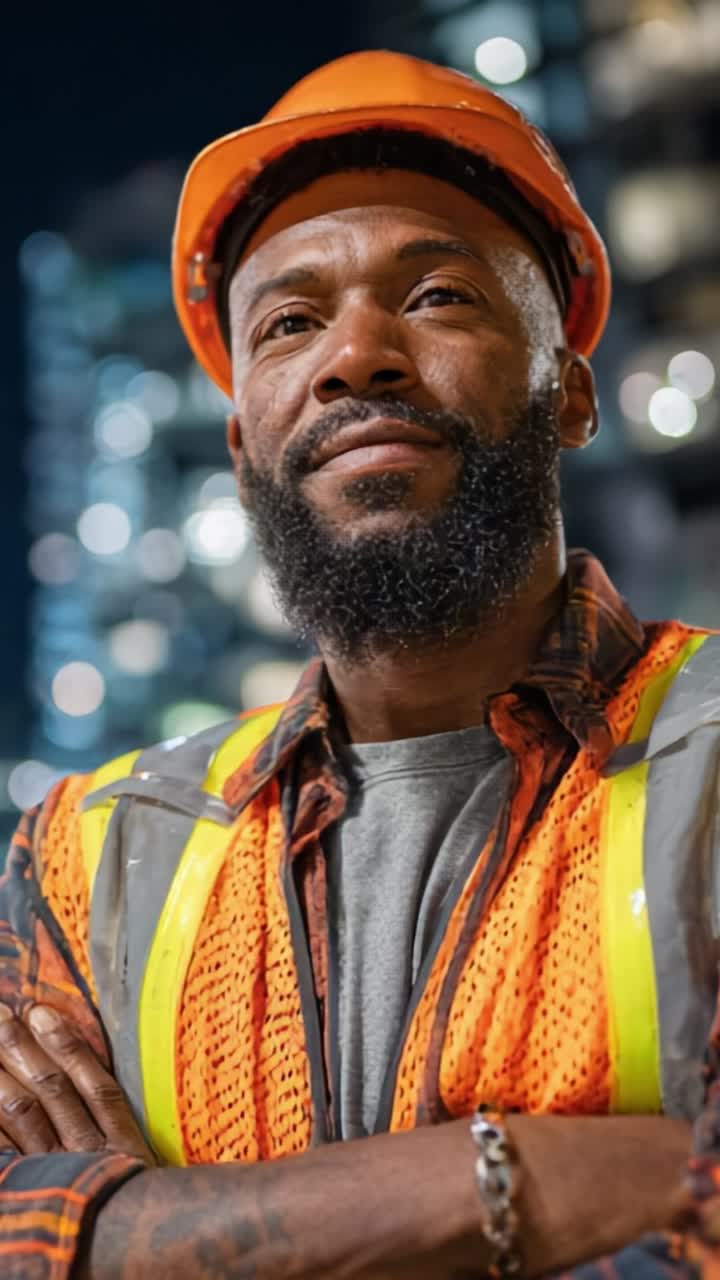 A confident construction worker stands proudly at night, showcasing dedication and professionalism in his vibrant safety gear against a city skyline backdrop