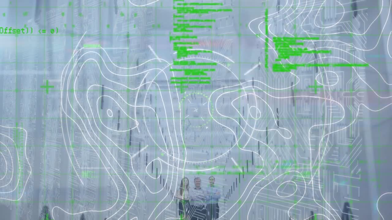 animación del procesamiento de datos y el escaneo de alcance sobre la topografía contra la sala de servidores informáticos