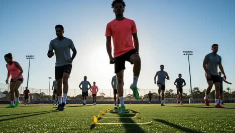 a dynamic training session at sunset: athletes engaging in speed drills and agility training on a turf field, focused on enhancing performance and skill development
