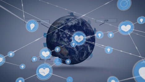 global healthcare network animation over earth with location markers for usa, china, australia