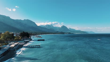 Drone-View-of-Kemer-City-of-Antalya,-Resort-Town-on-Mediterranean-Coast-of-Turkey