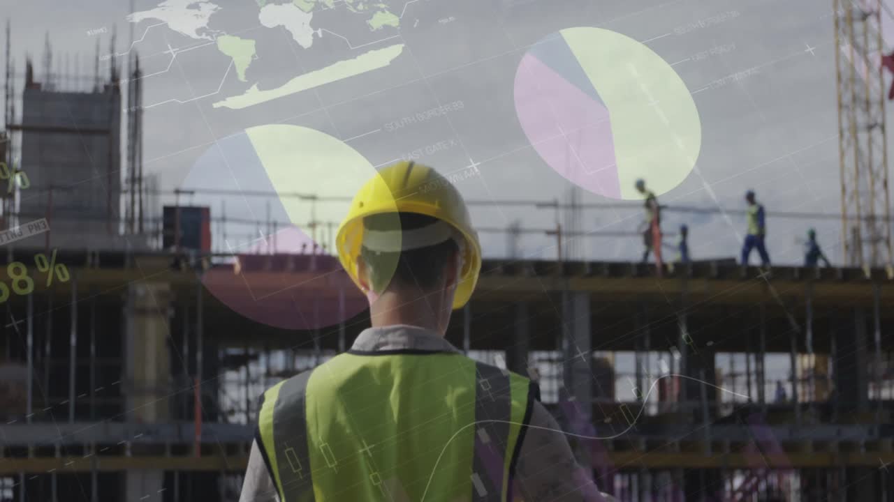 animación del procesamiento de estadísticas sobre arquitectas que mantienen planes en el sitio de construcción