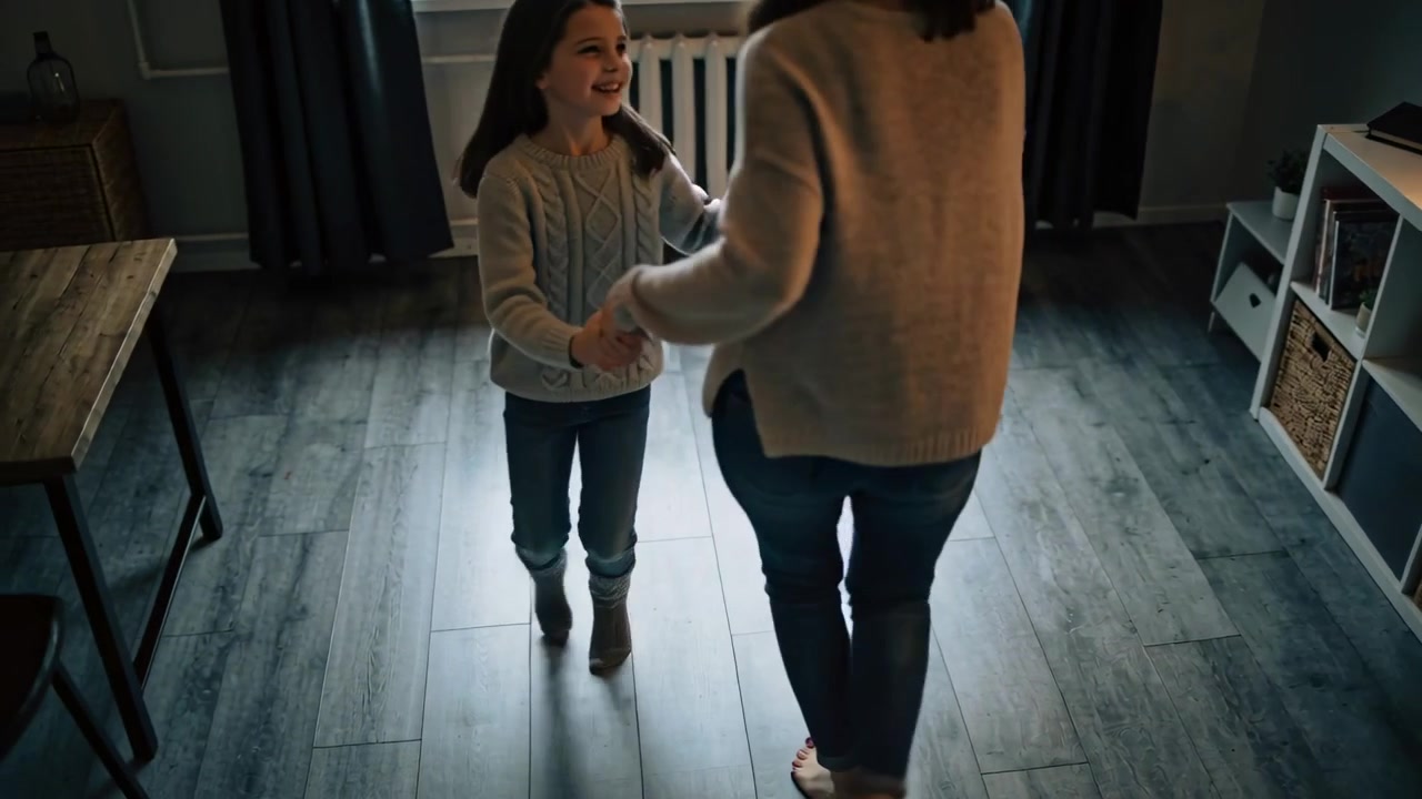 Holding hands mom guiding daughter spinning on wooden floor in living room, playing in sweaters