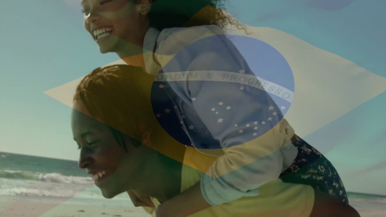 Travel ad showing woman jumping onto man's back starting piggyback walk with pulsing Brazilian flag