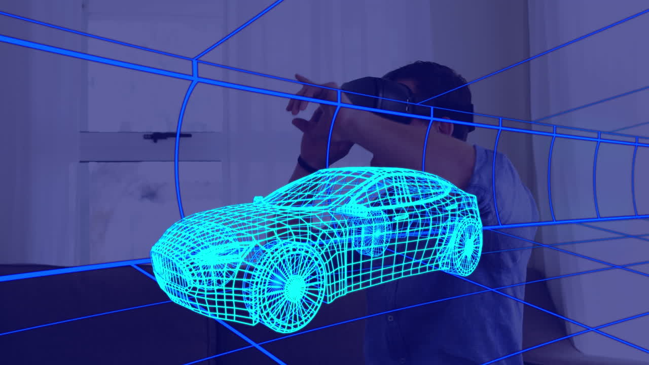 animación de dibujo técnico 3d del coche, sobre el hombre en casa con auriculares vr