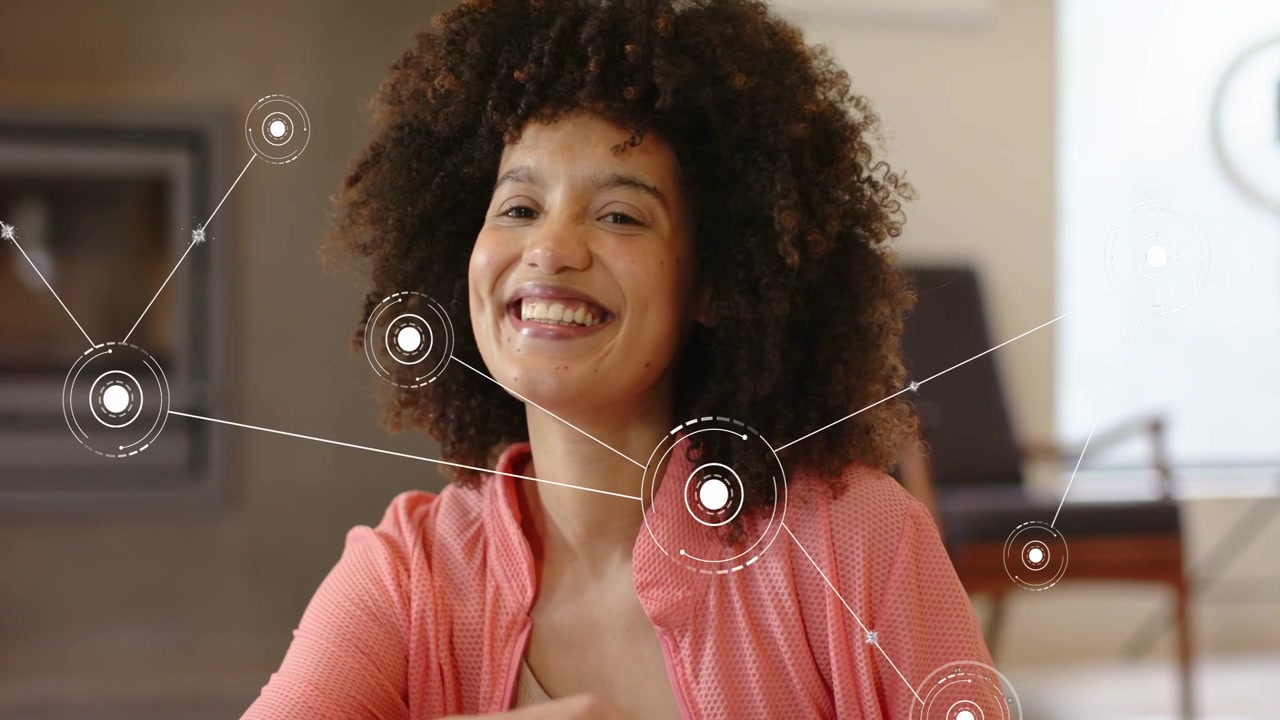 Woman turning to camera, HUD appearing and forming network sweeping in front of her for tech