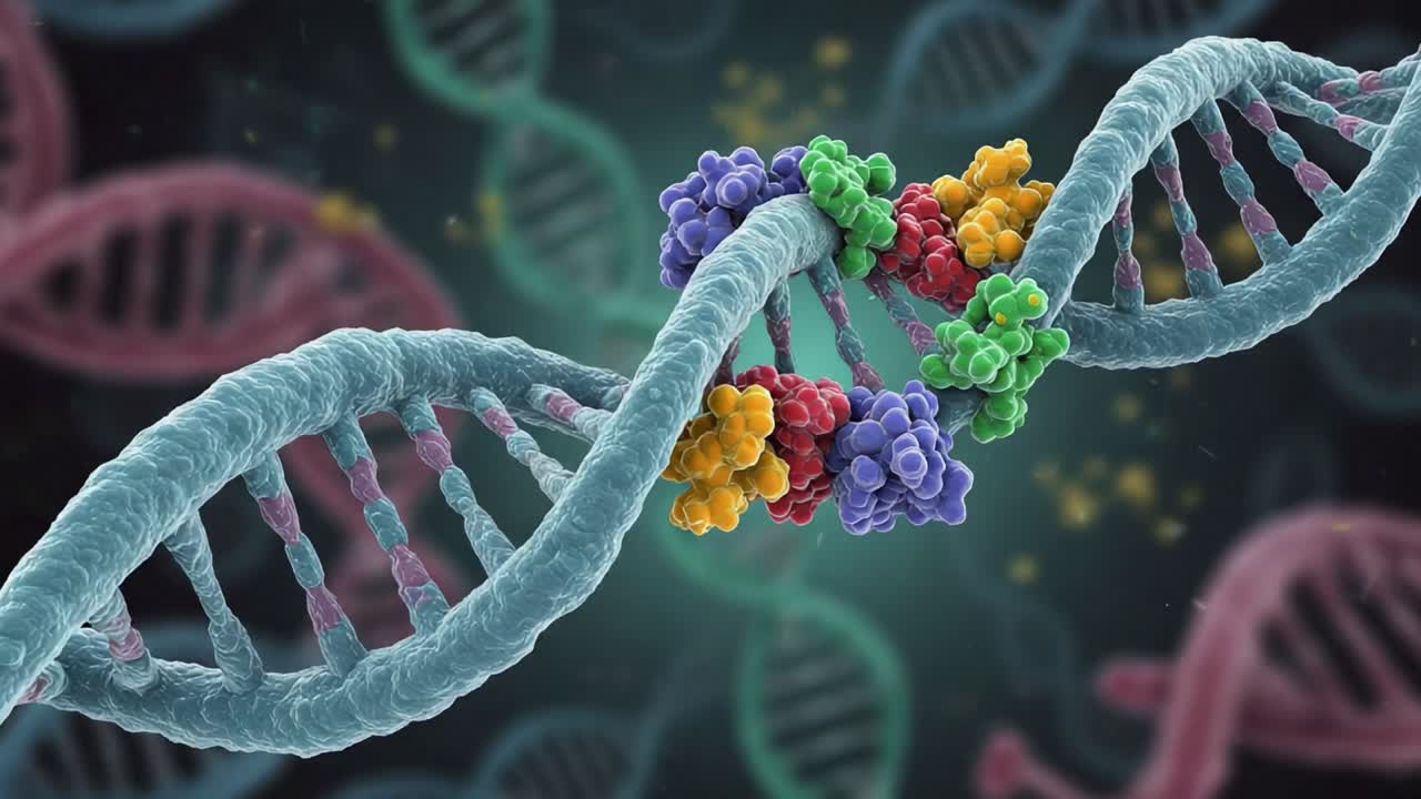 Magnified Visualization of DNA Double Helix Highlighting Molecular Structures and Colorful Nucleotide Patterns, Illustrating the Complexity of Genetic Material