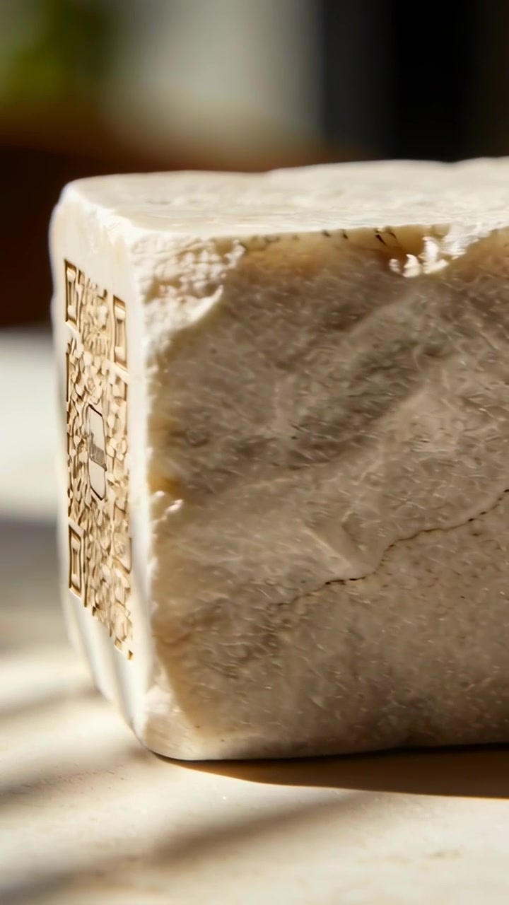 Video verticale: Telecamera che si muove a destra e in alto su un cubo di pietra chiara, rivelando un QR Code del menu per l'accesso