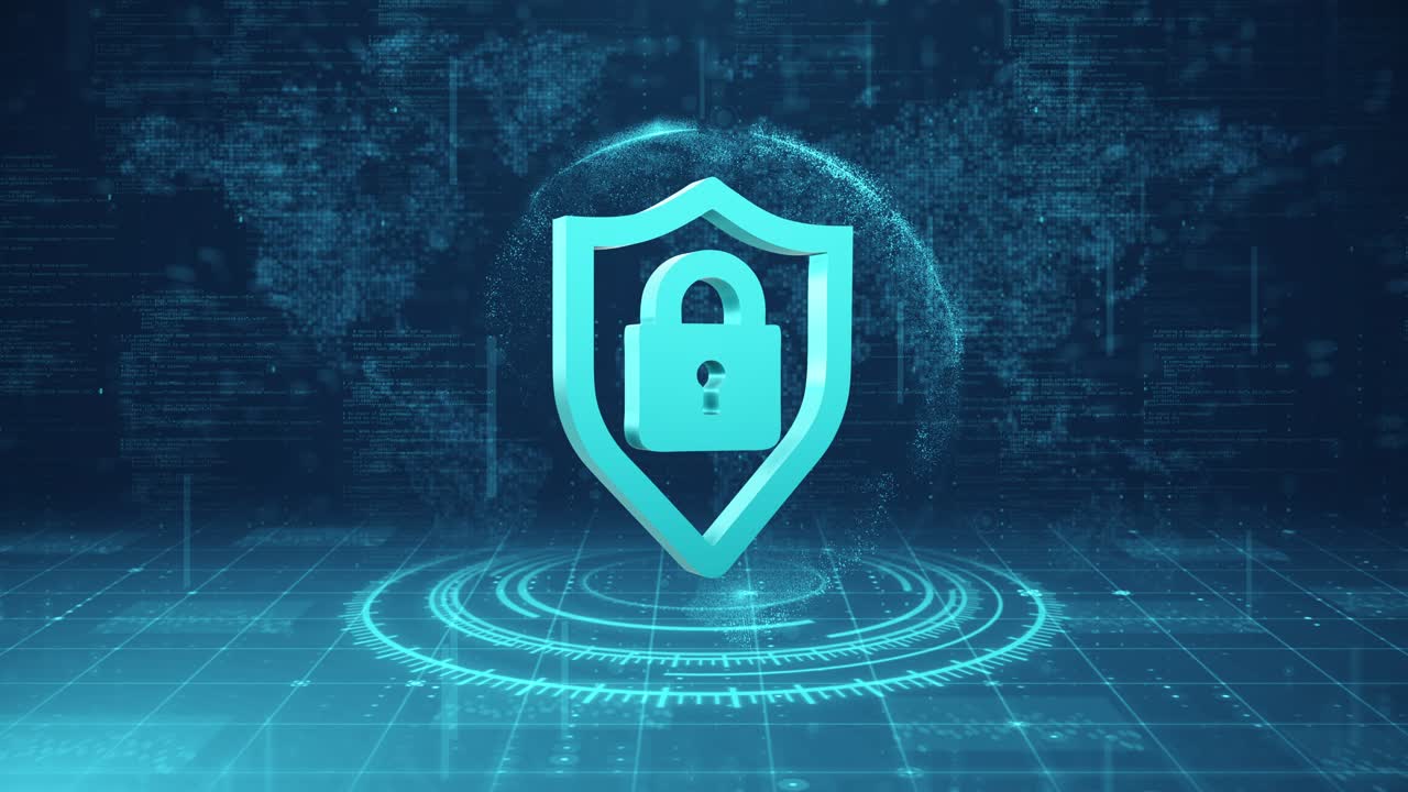 Rotating Futuristic 3D Cyber Security Icon over Digital Globe and World Map