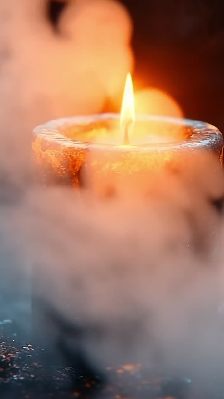 Night candle in smoke glow. A warm candle flame flickers softly, surrounded by billowing smoke in a dark setting, creating a tranquil atmosphere.