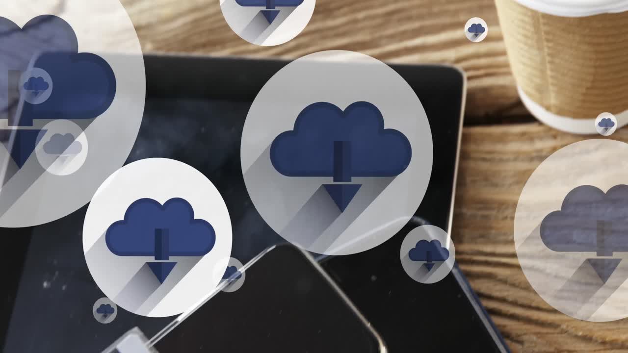 Animation of online white cloud with arrow icons moving over tablet on wooden table